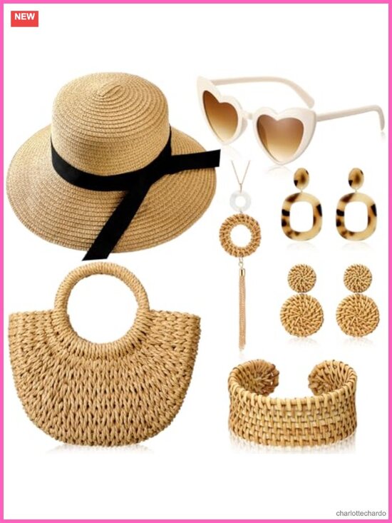 Boho Straw Hat and Bag Set with Sunglasses Jewelry for Women Summer Vacation main image 5
